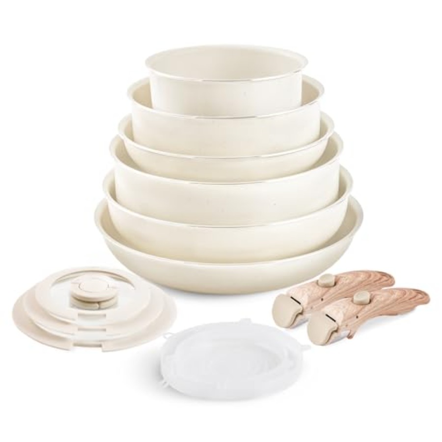 Camping Cooking Set Detachable Handle - Beige Nonstick Cookware Set with Detachable