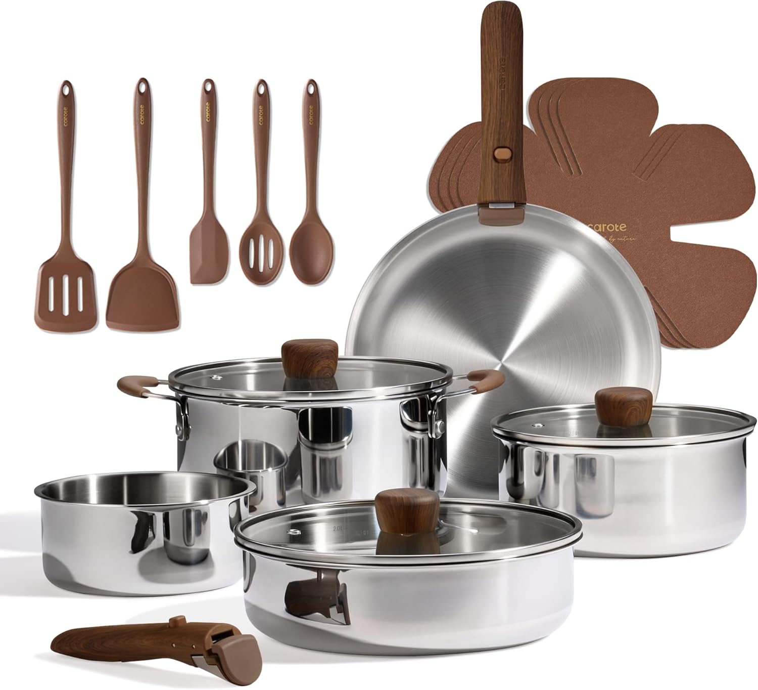 Camping Cooking Set Detachable Handle - 19pcs Stainless Steel Cookware Set with