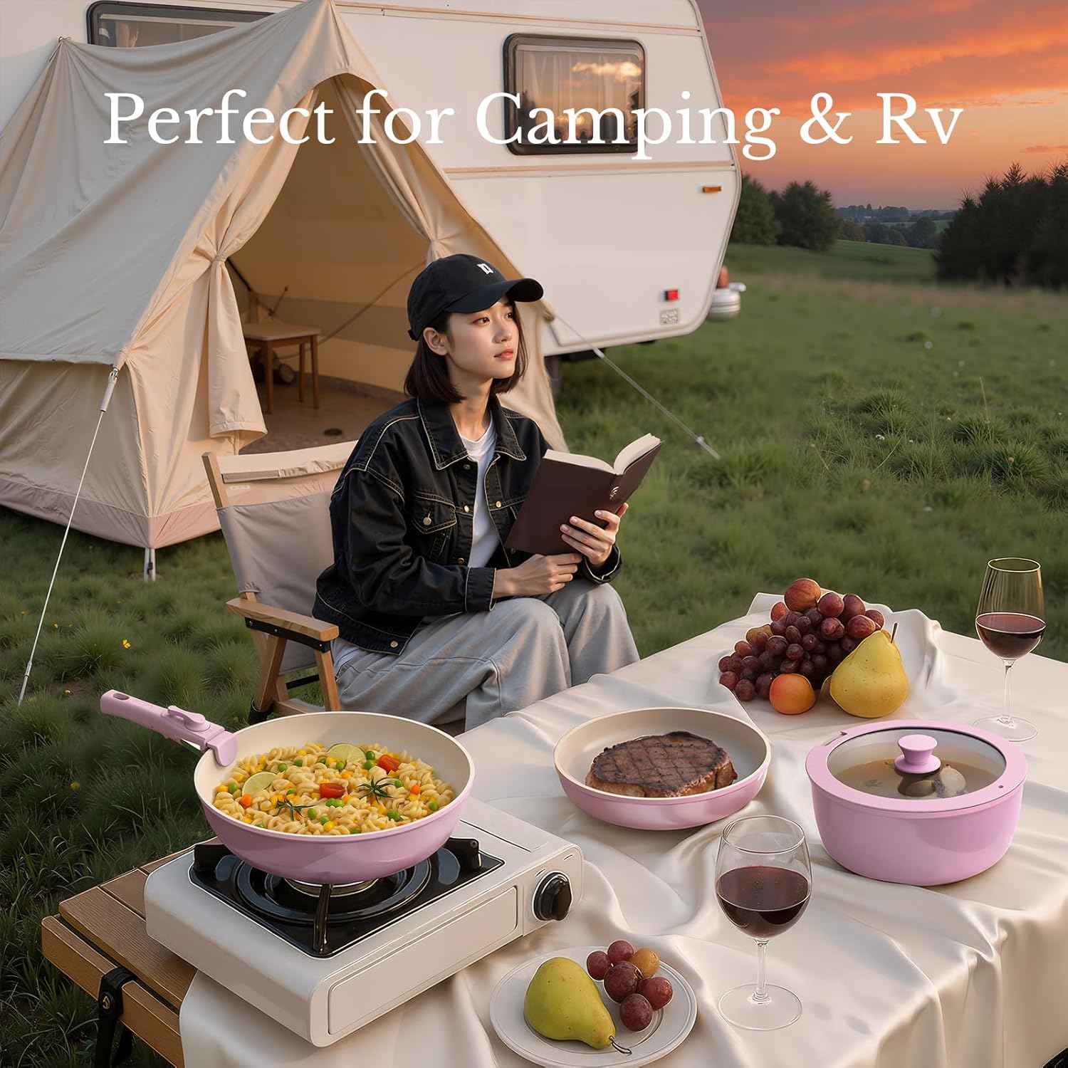 Pots and Pans Set Non Stick, C - Camping Cooking Set Detachable Handle ulasan dan harga