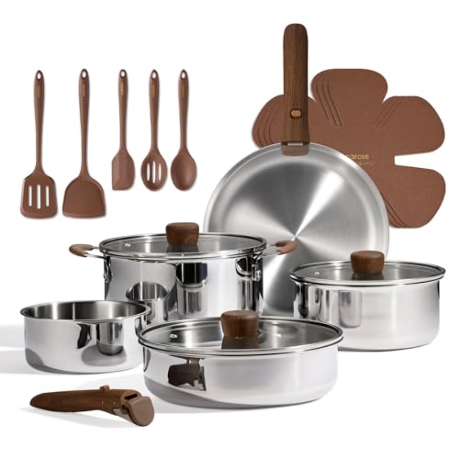 19pcs Stainless Steel Cookware - Camping Cooking Set Detachable Handle ulasan dan harga