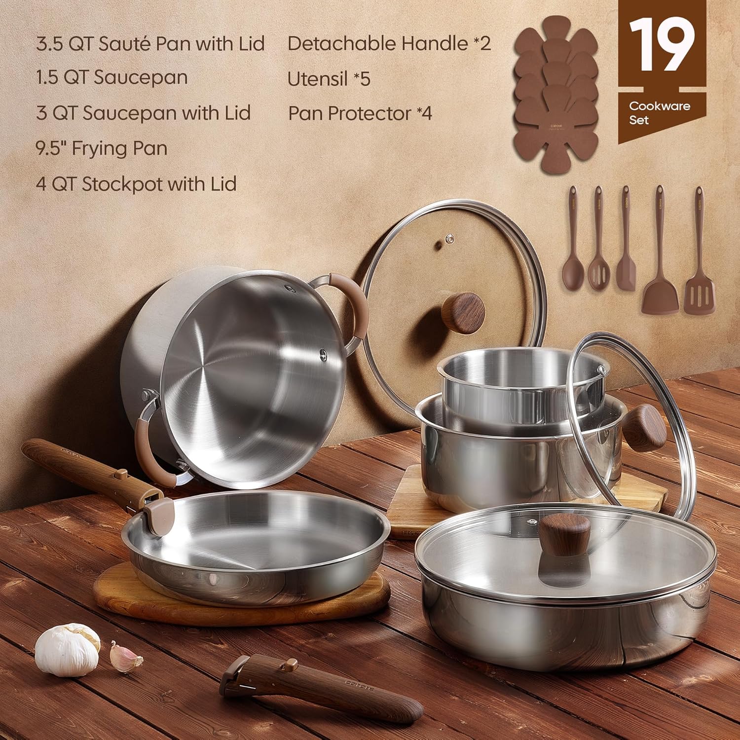 19pcs Stainless Steel Cookware - Camping Cooking Set Detachable Handle ulasan dan harga