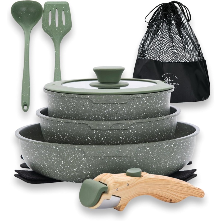10 Pcs Non-Stick Kitchen Cookw - Camping Cooking Set Detachable Handle ulasan dan harga