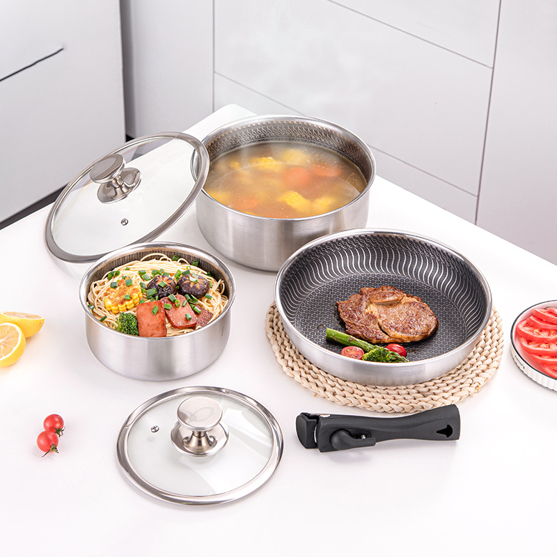 6 Pcs 3-ply Stainless Steel Co - Camping Cooking Set Detachable Handle ulasan dan harga