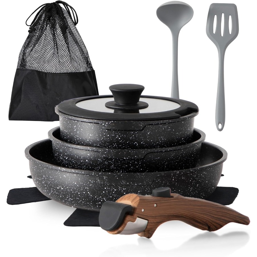 10 Pcs Non-Stick Kitchen Cookw - Camping Cooking Set Detachable Handle ulasan dan harga