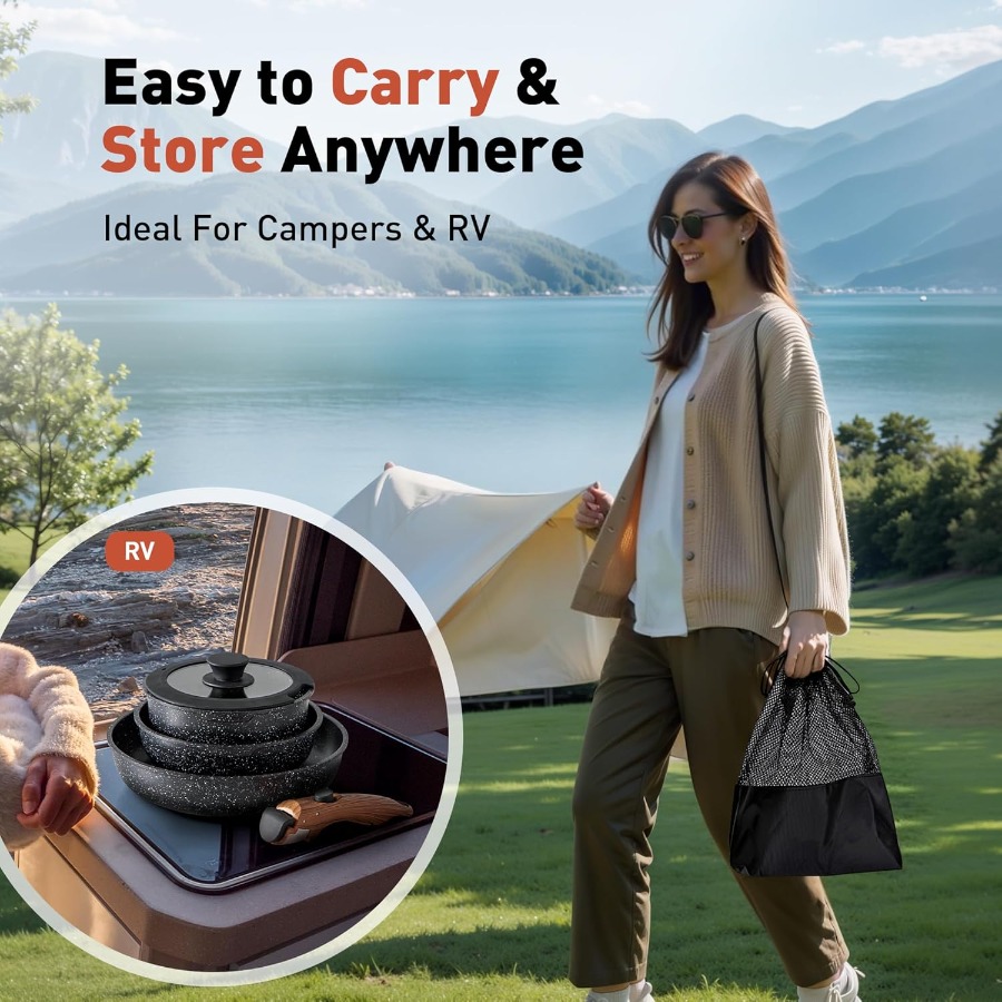10 Pcs Non-Stick Kitchen Cookw - Camping Cooking Set Detachable Handle ulasan dan harga